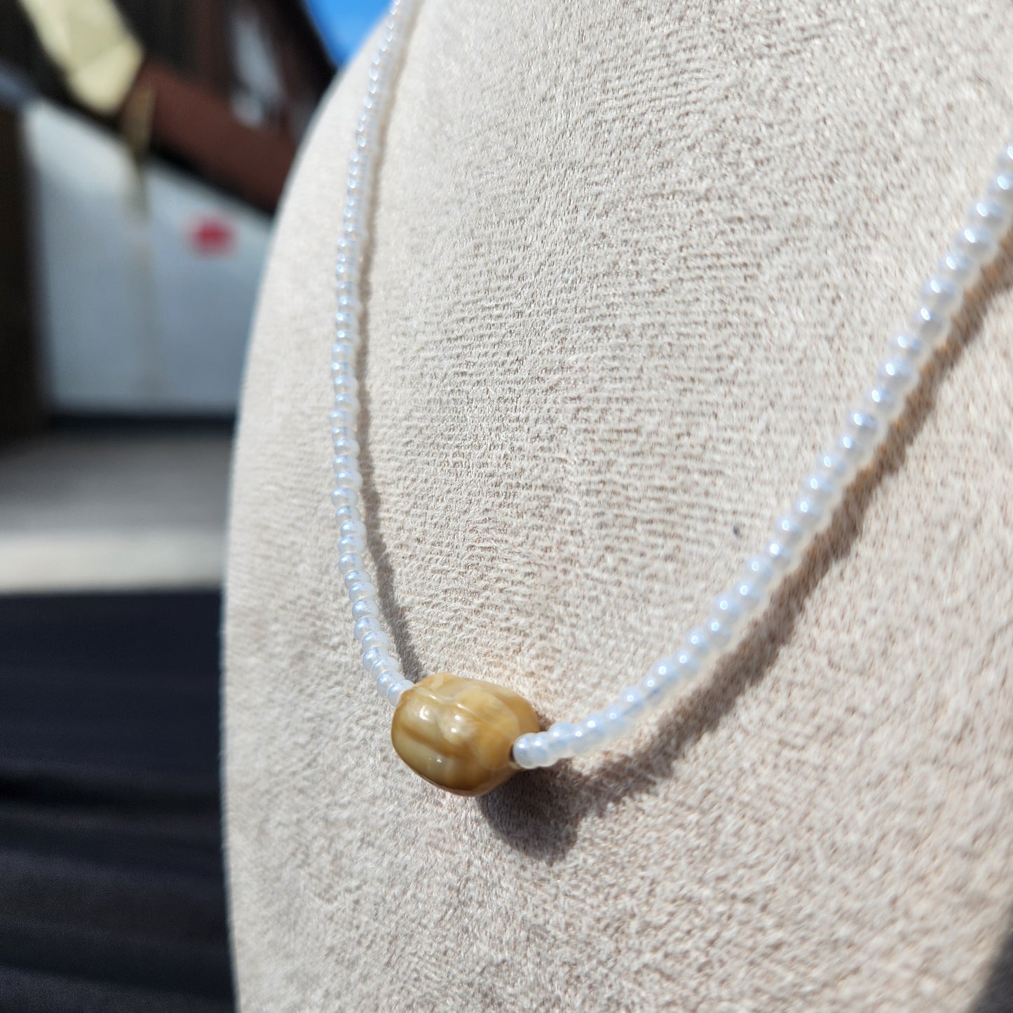 white and brown upcycled glass beaded necklaces