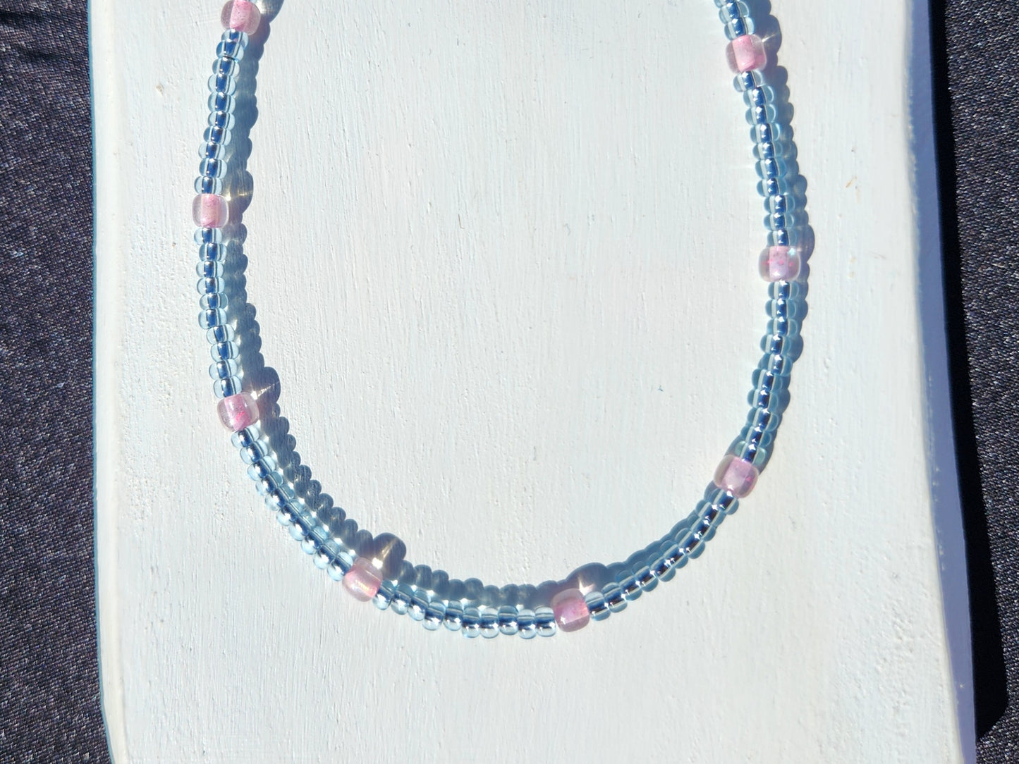 blue and pink glass beaded necklace