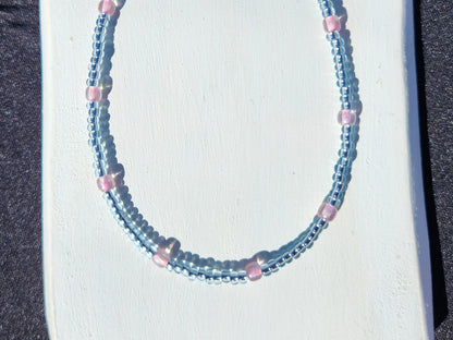 blue and pink glass beaded necklace