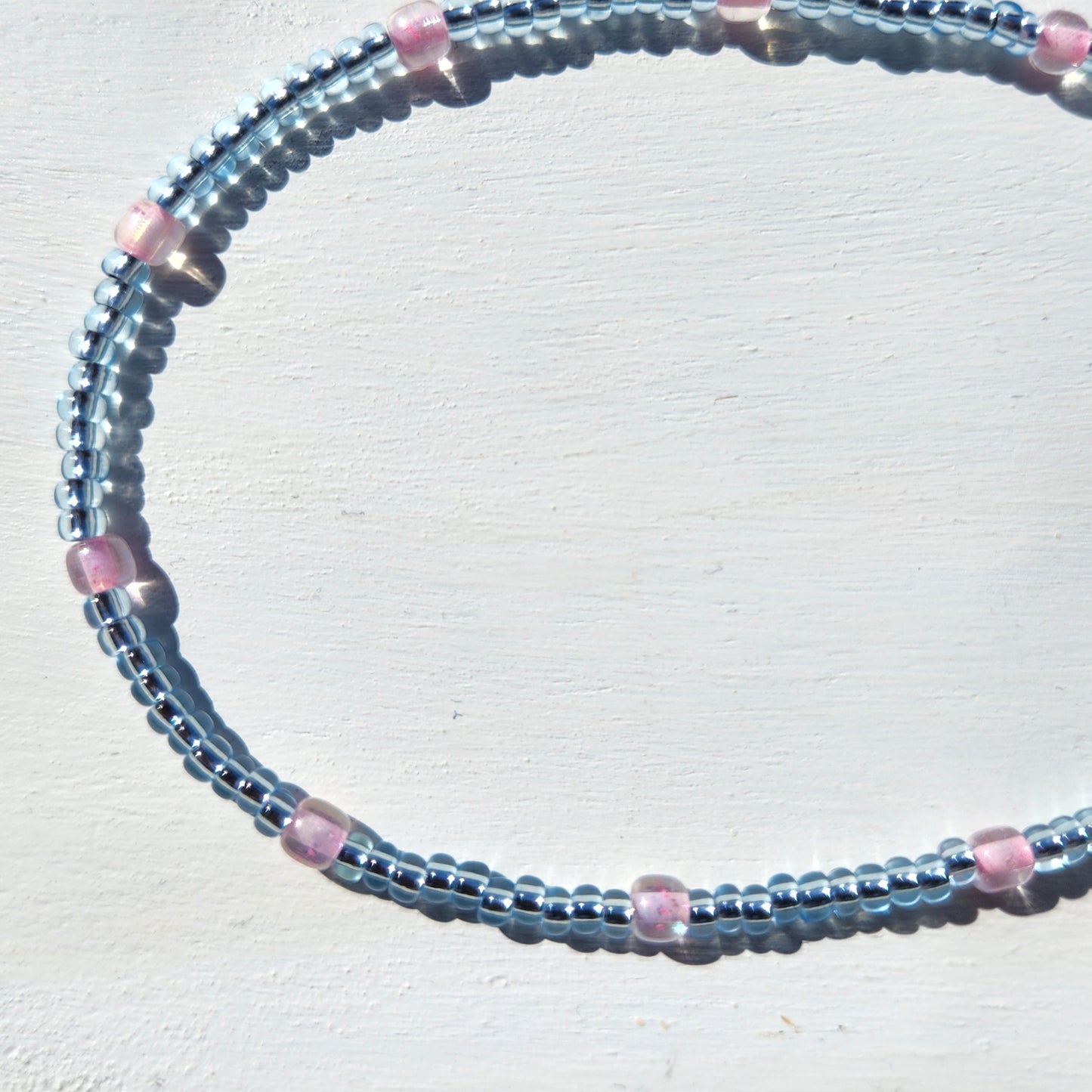 blue and pink glass beaded necklace