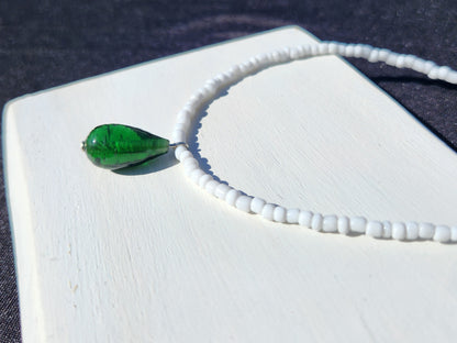 white and green upcycled glass beaded necklace