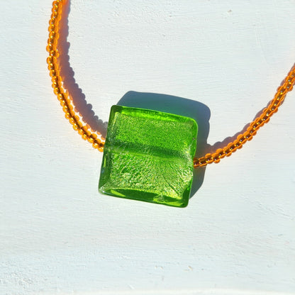 green and orange upcycled glass beaded necklace