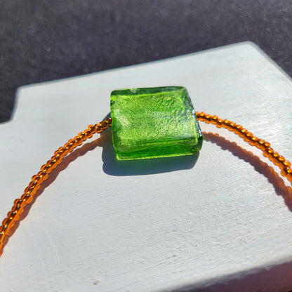 green and orange upcycled glass beaded necklace