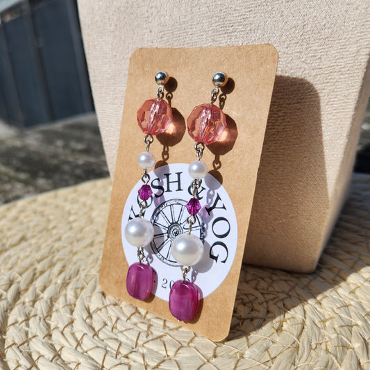 upcycled pink bead mix silver stud earrings