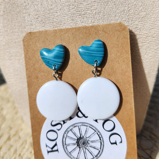 blue and white polymer clay heart stud earrings
