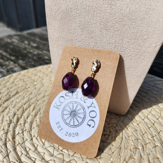 upcycled purple bead gold stud earrings