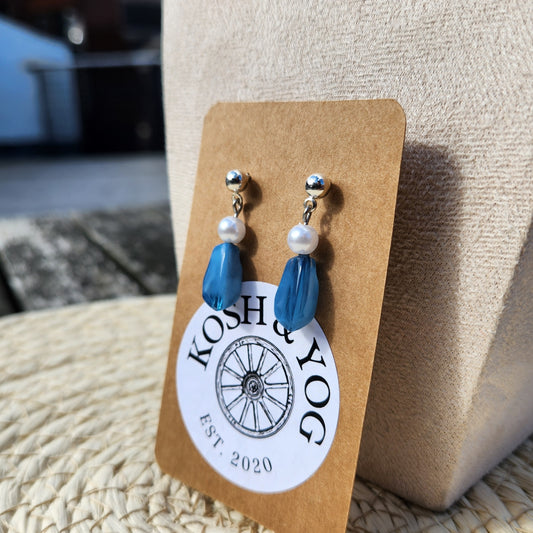 upcycled blue silver bead silver stud earrings