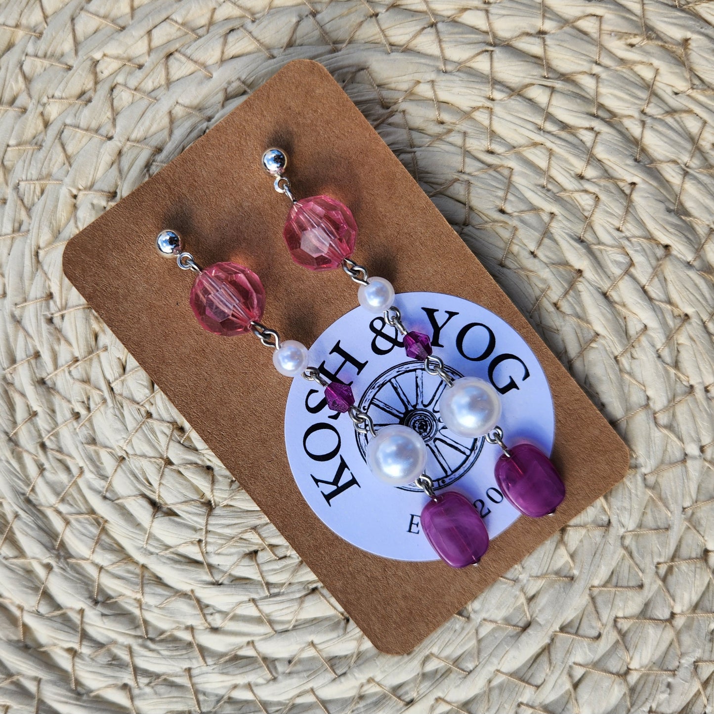upcycled pink bead mix silver stud earrings