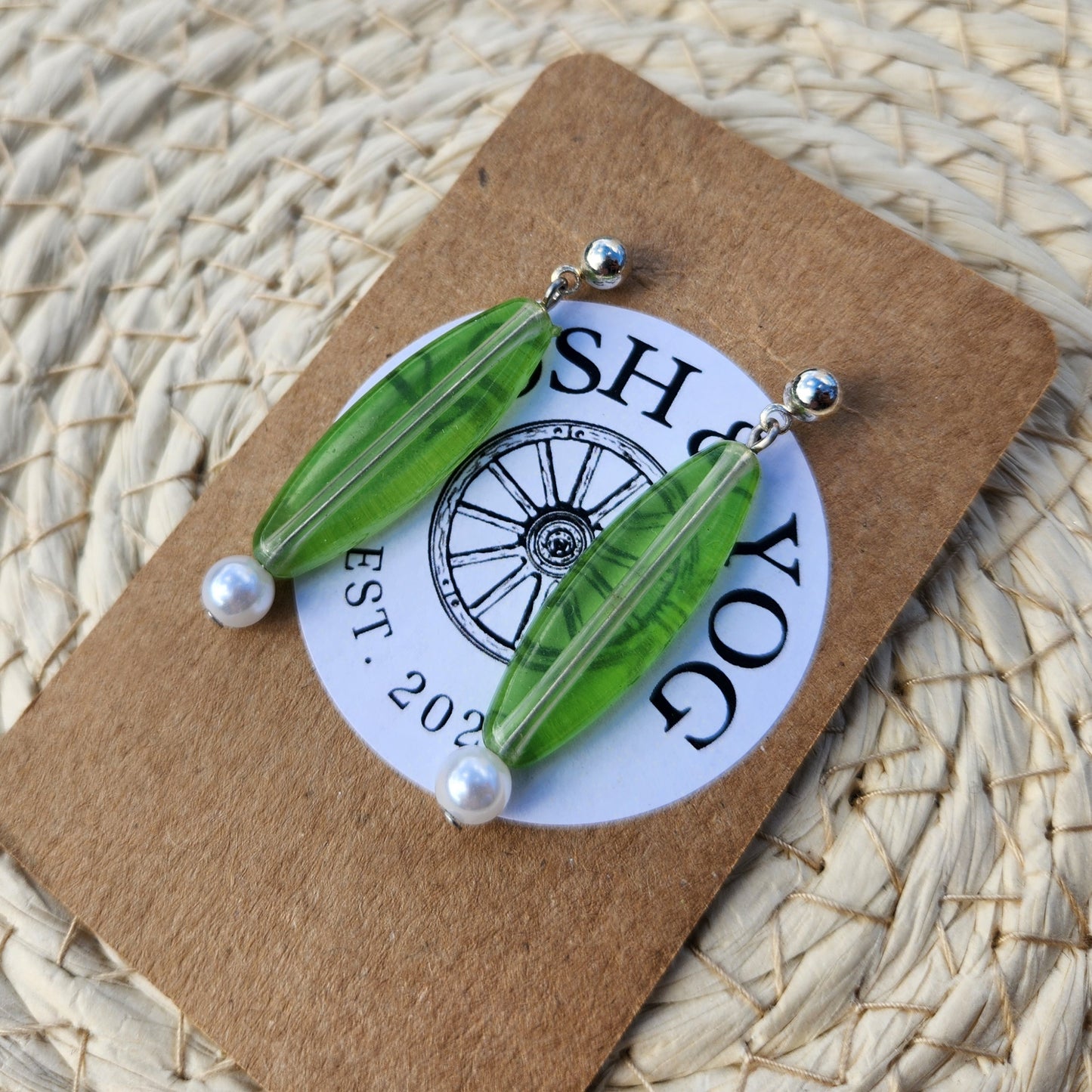 upcycled green pearl silver stud earrings