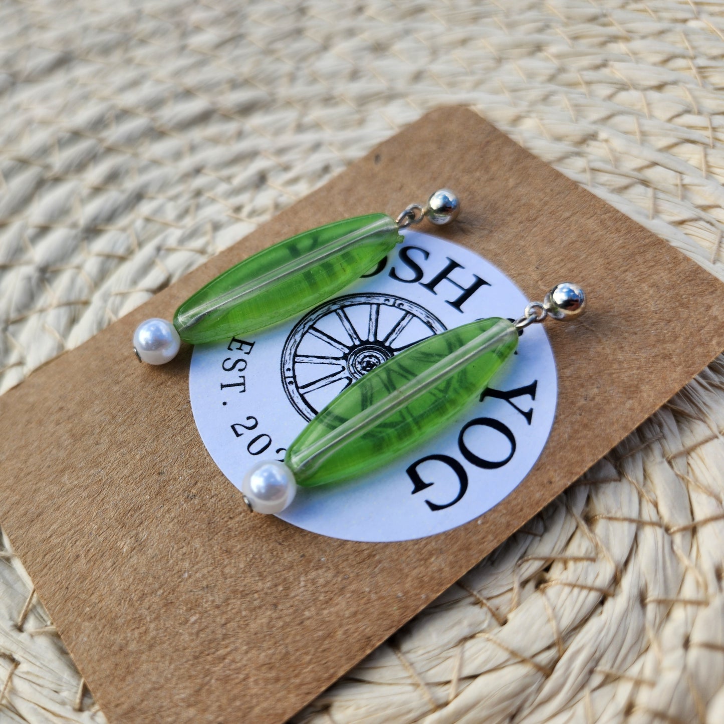 upcycled green pearl silver stud earrings