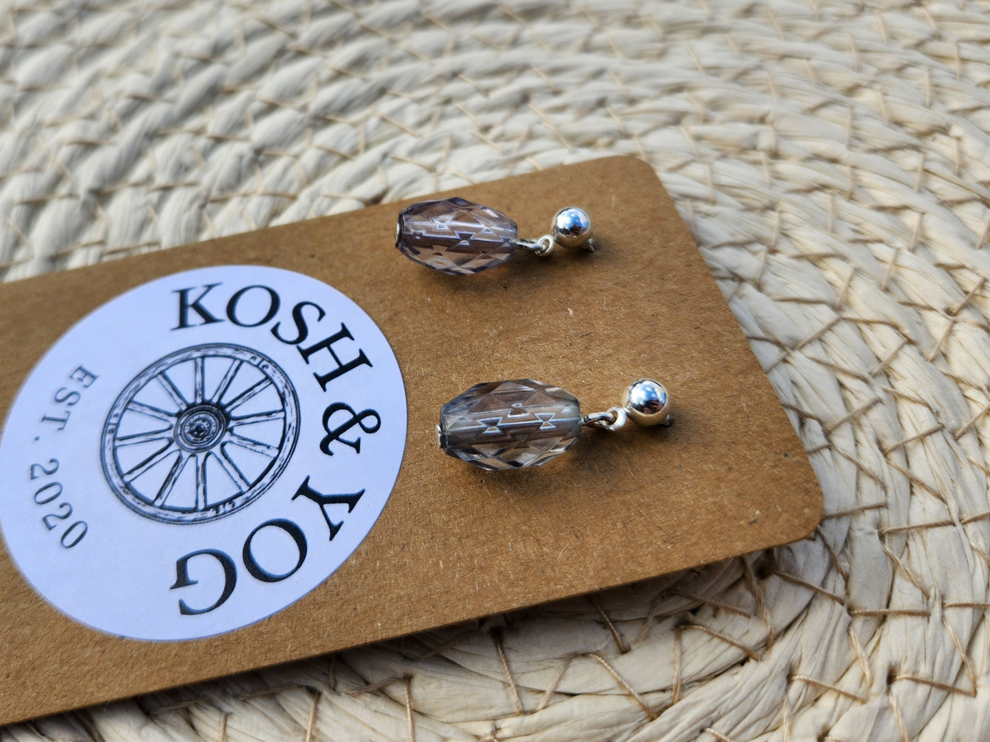grey glass bead silver stud earrings