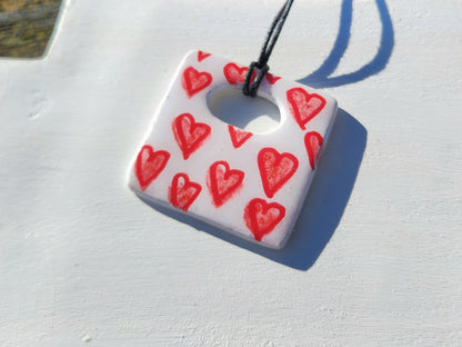 red hearts square clay pendant necklace & sticker sheet [KOSH & YOG x AJAIBGHAR]