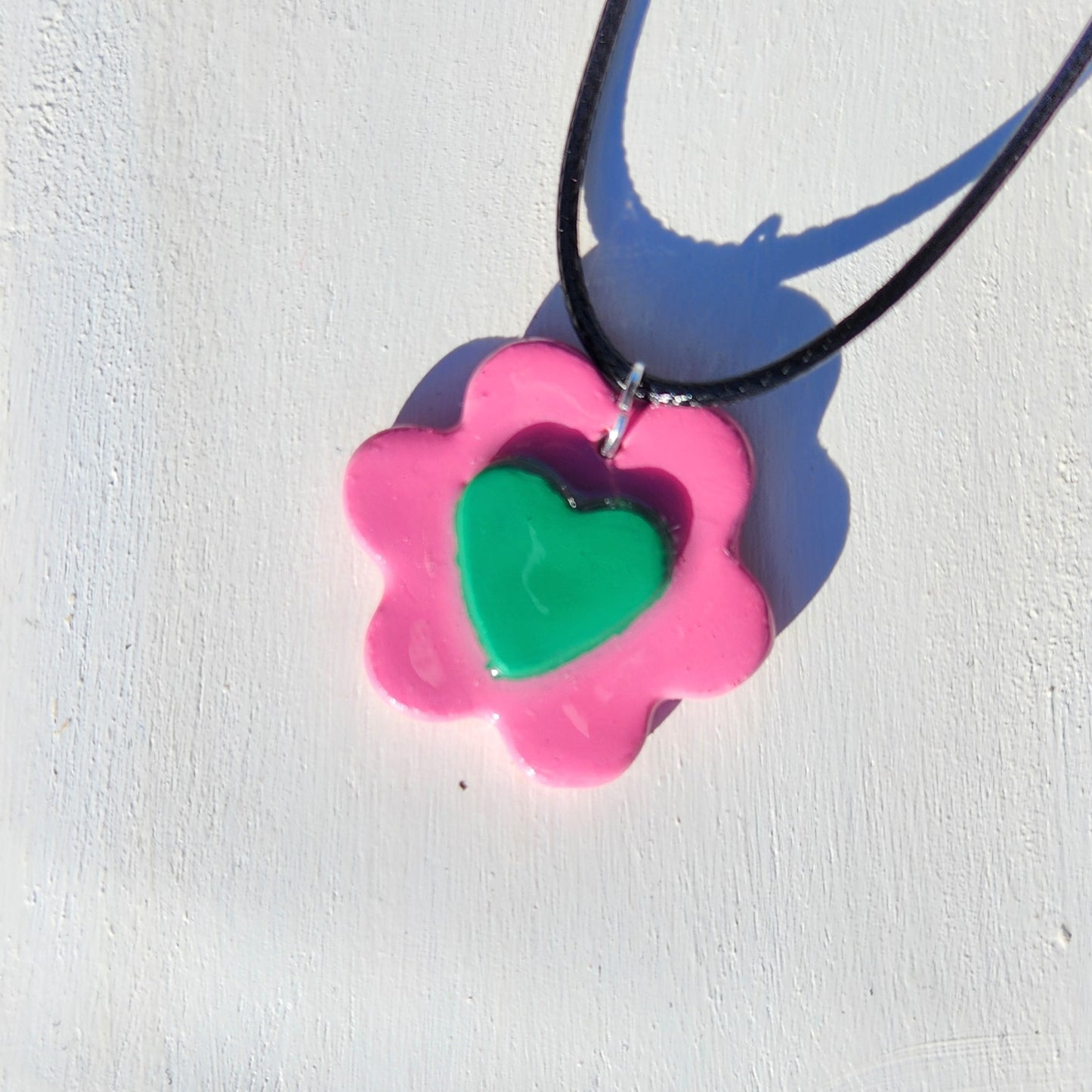 3D green heart pink flower clay pendant necklace & sticker sheet [KOSH & YOG x AJAIBGHAR]