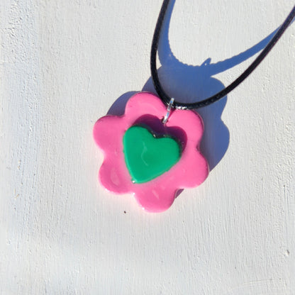 3D green heart pink flower clay pendant necklace & sticker sheet [KOSH & YOG x AJAIBGHAR]
