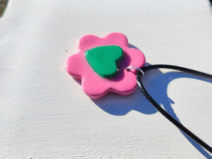 3D green heart pink flower clay pendant necklace & sticker sheet [KOSH & YOG x AJAIBGHAR]