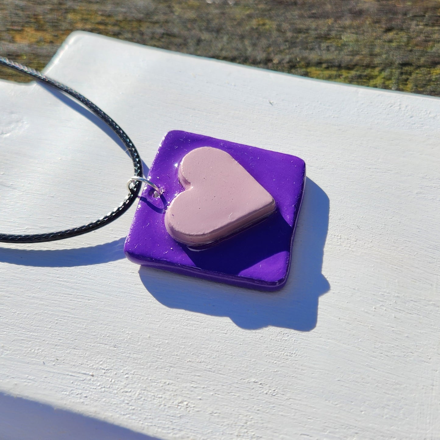 3D heart purple square clay pendant necklace & sticker sheet [KOSH & YOG x AJAIBGHAR]