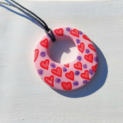 red hearts and purple dots clay pendant necklace & sticker sheet [KOSH & YOG x AJAIBGHAR]
