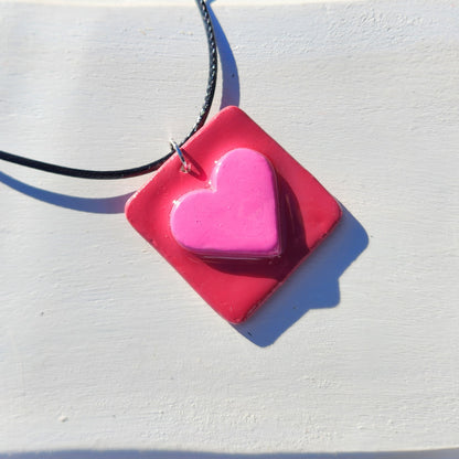 3D heart pink and red square clay pendant necklace & sticker sheet [KOSH & YOG x AJAIBGHAR]