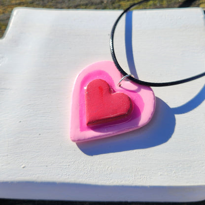 3D pink and red heart clay pendant necklace & sticker sheet [KOSH & YOG x AJAIBGHAR]