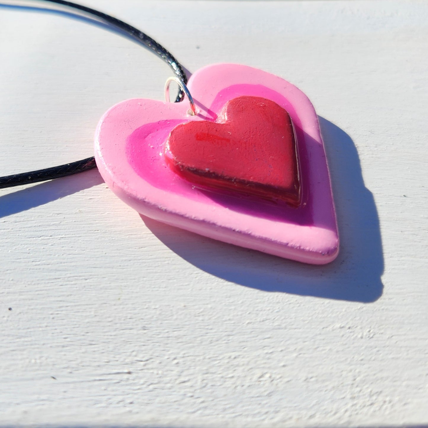 3D pink and red heart clay pendant necklace & sticker sheet [KOSH & YOG x AJAIBGHAR]