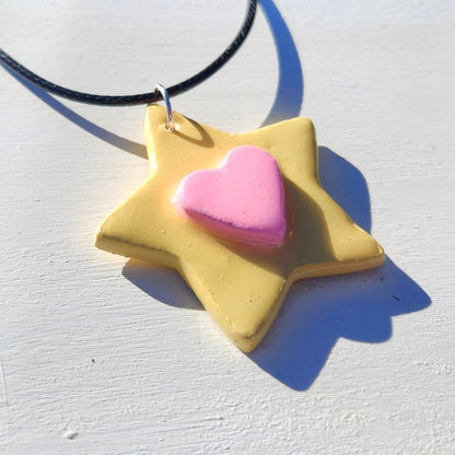 3D pink heart star clay pendant necklace & sticker sheet [KOSH & YOG x AJAIBGHAR]