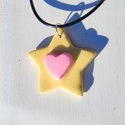 3D pink heart star clay pendant necklace & sticker sheet [KOSH & YOG x AJAIBGHAR]