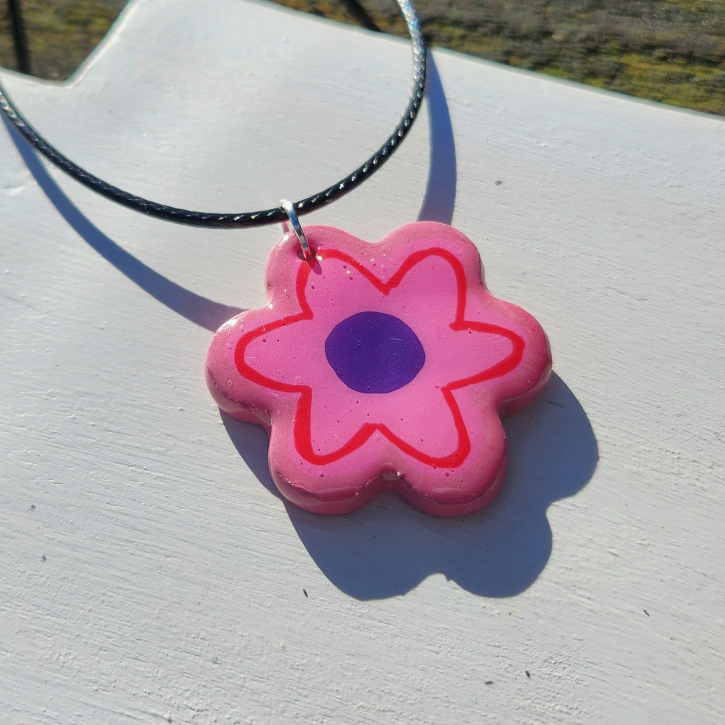 pink and purple flower clay pendant necklace & sticker sheet [KOSH & YOG x AJAIBGHAR]