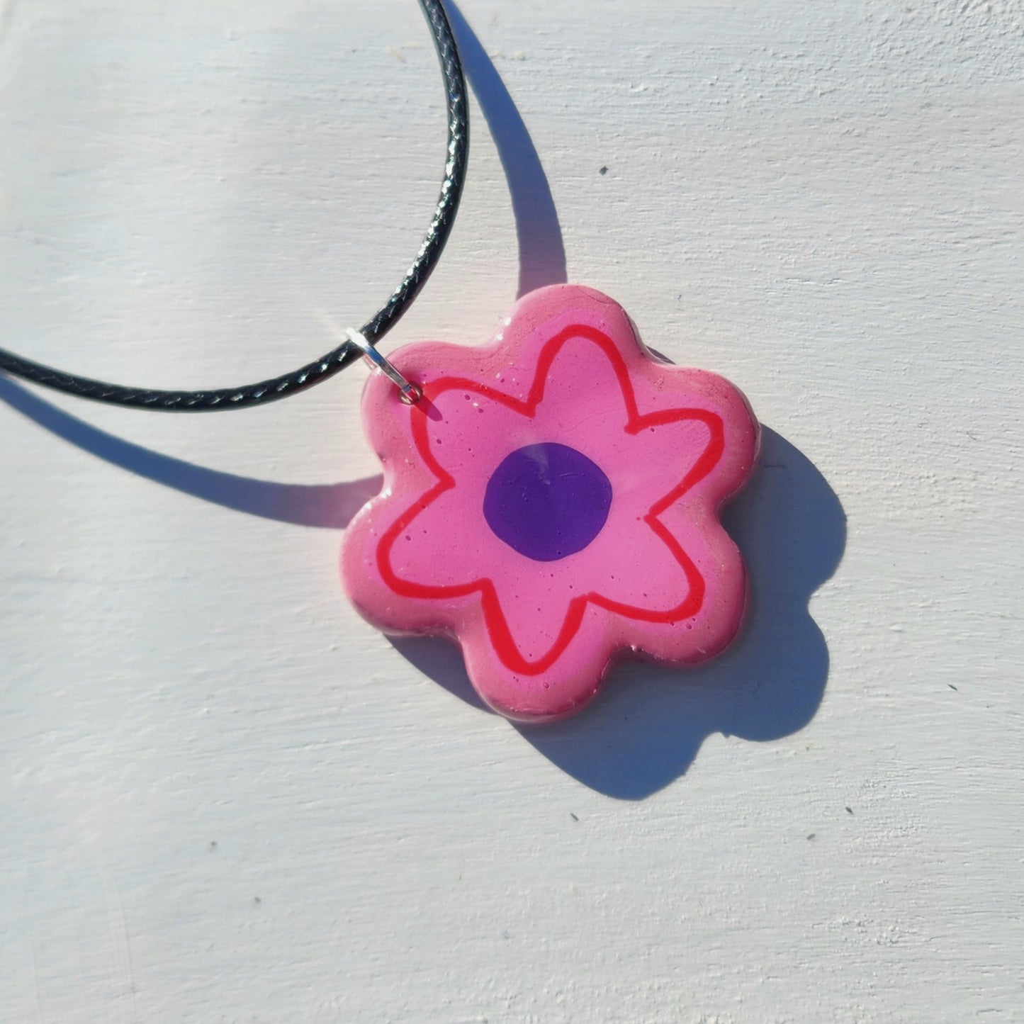 pink and purple flower clay pendant necklace & sticker sheet [KOSH & YOG x AJAIBGHAR]