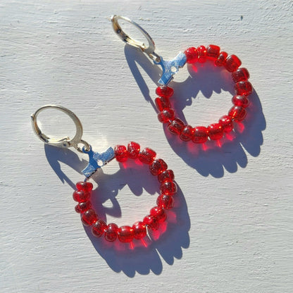(multiple colours) silver huggie hoop glass beaded earrings