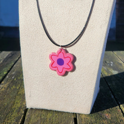 pink and purple flower clay pendant necklace & sticker sheet [KOSH & YOG x AJAIBGHAR]