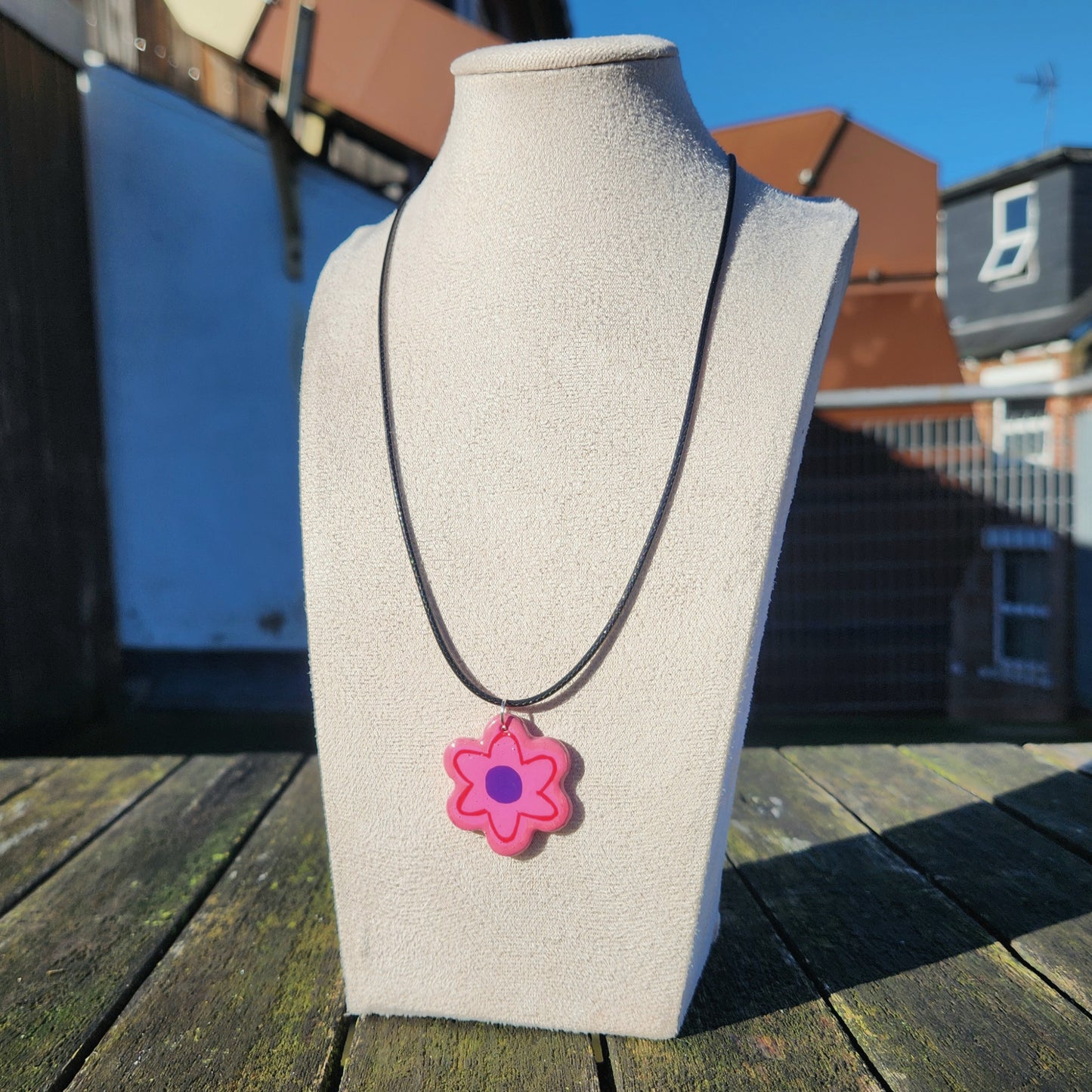 pink and purple flower clay pendant necklace & sticker sheet [KOSH & YOG x AJAIBGHAR]