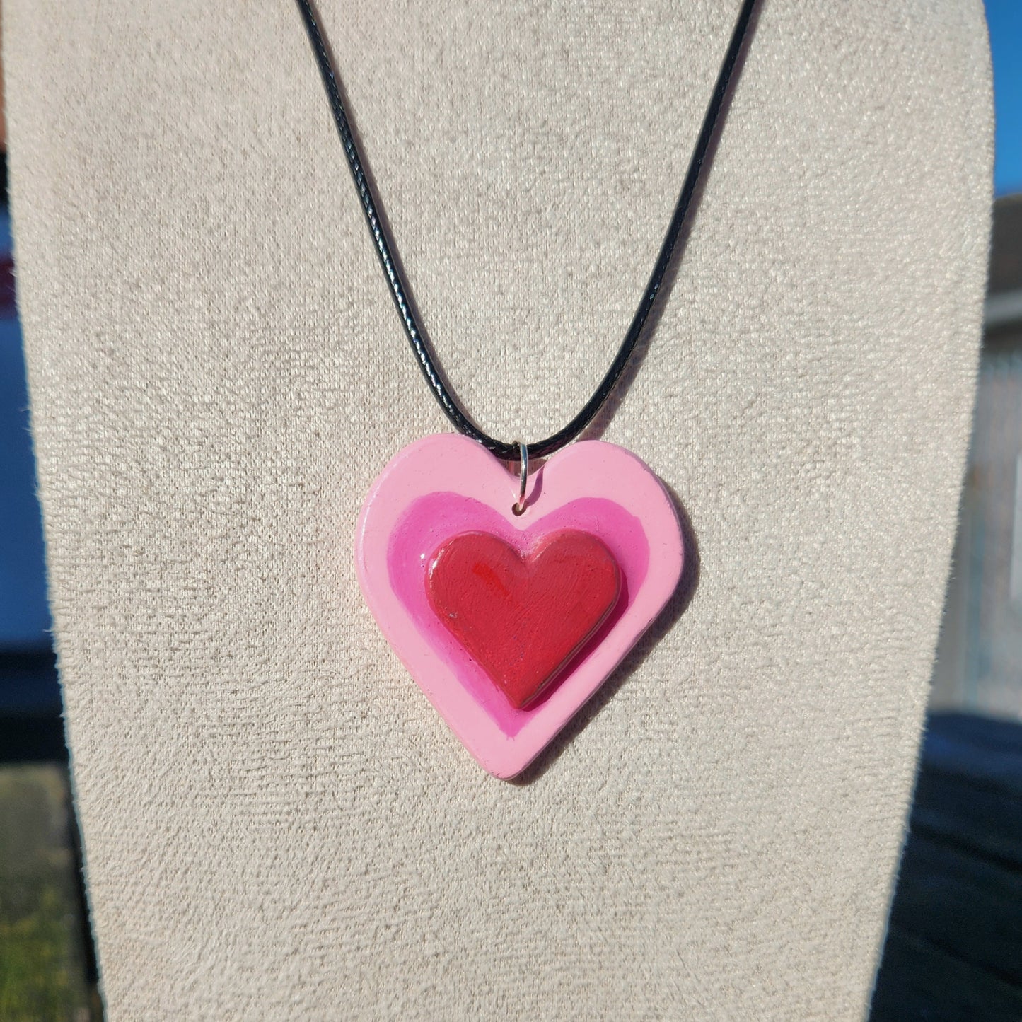 3D pink and red heart clay pendant necklace & sticker sheet [KOSH & YOG x AJAIBGHAR]