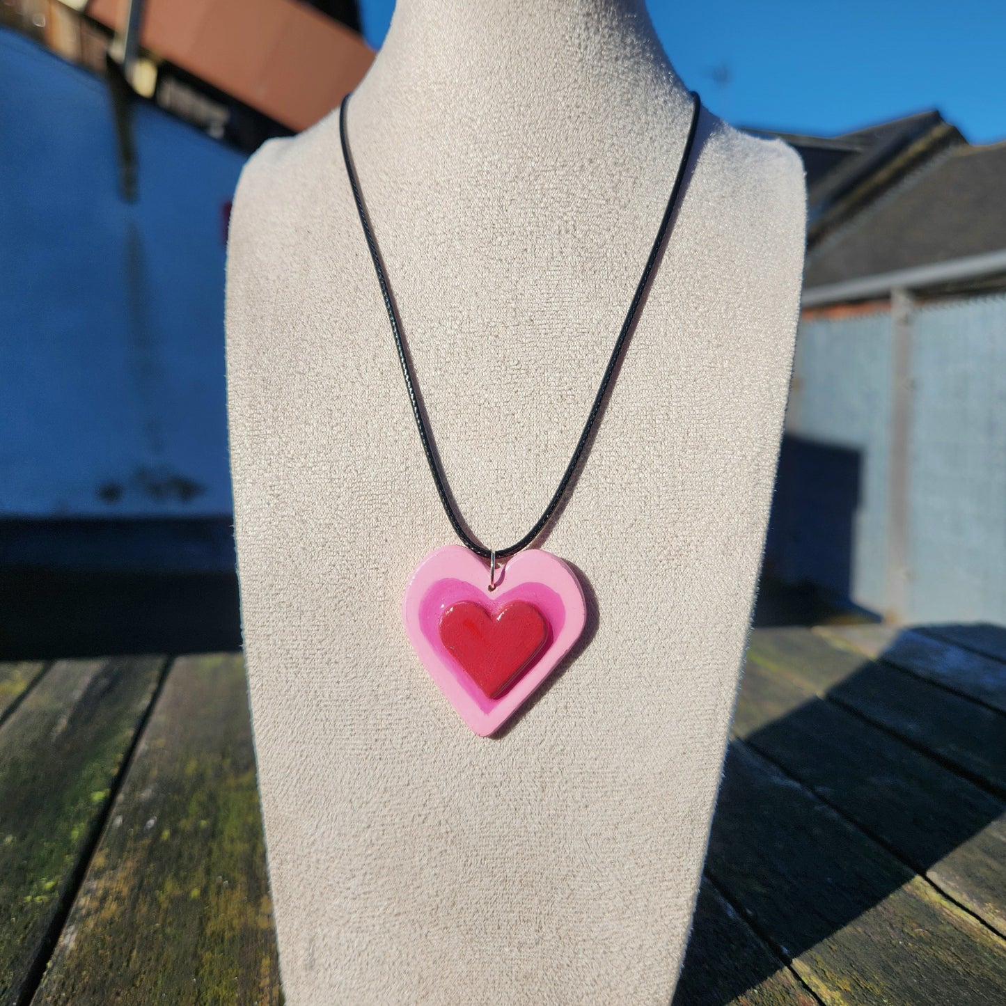 3D pink and red heart clay pendant necklace & sticker sheet [KOSH & YOG x AJAIBGHAR]