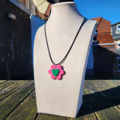 3D green heart pink flower clay pendant necklace & sticker sheet [KOSH & YOG x AJAIBGHAR]