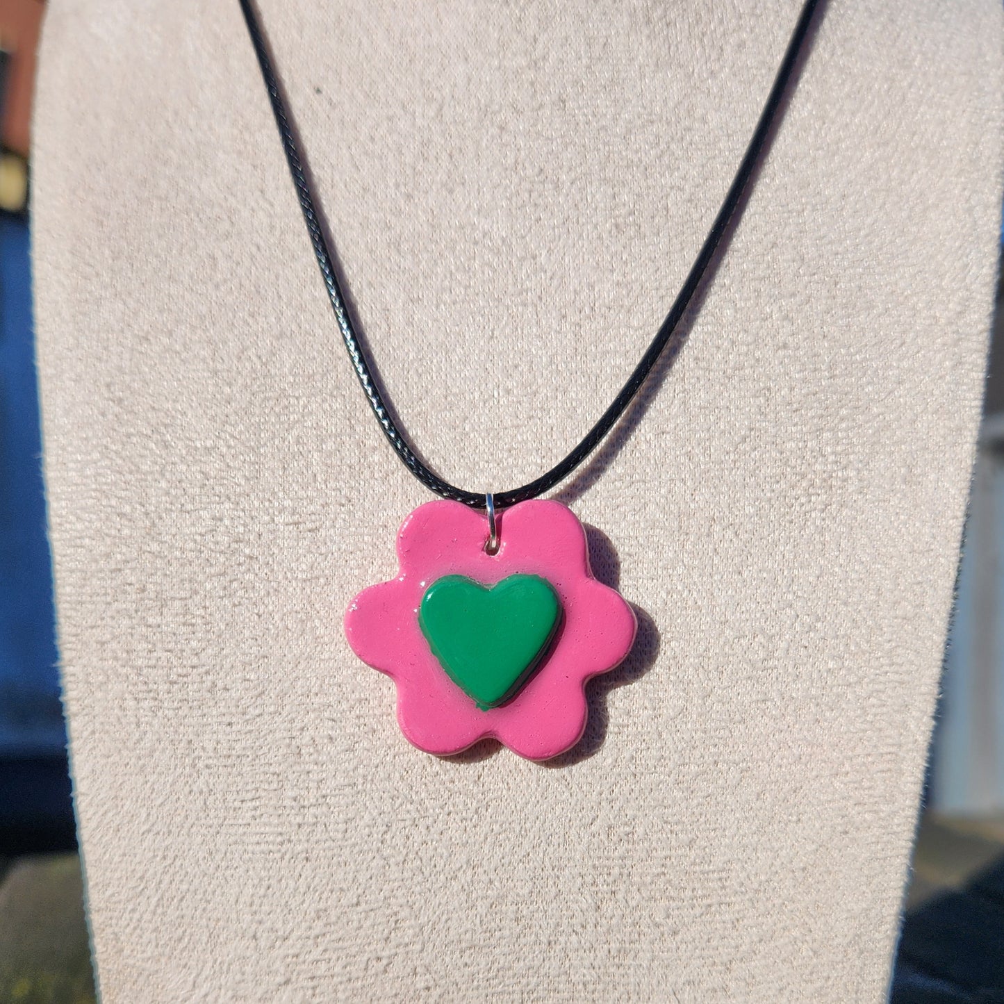 3D green heart pink flower clay pendant necklace & sticker sheet [KOSH & YOG x AJAIBGHAR]