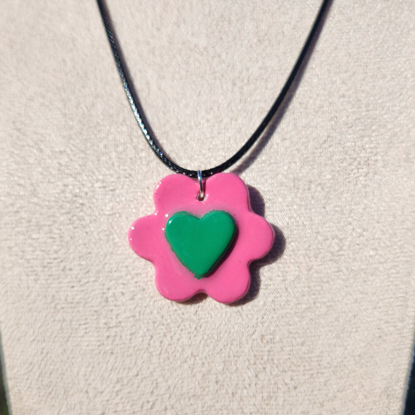 3D green heart pink flower clay pendant necklace & sticker sheet [KOSH & YOG x AJAIBGHAR]