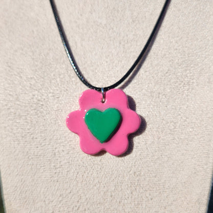 3D green heart pink flower clay pendant necklace & sticker sheet [KOSH & YOG x AJAIBGHAR]