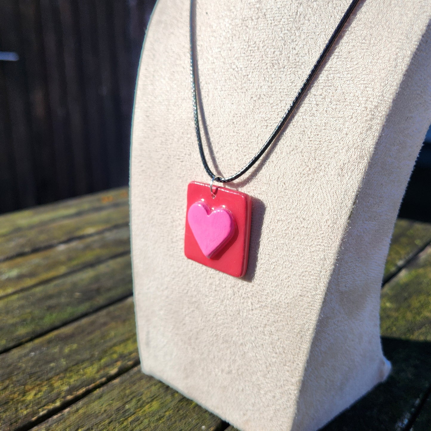 3D heart pink and red square clay pendant necklace & sticker sheet [KOSH & YOG x AJAIBGHAR]