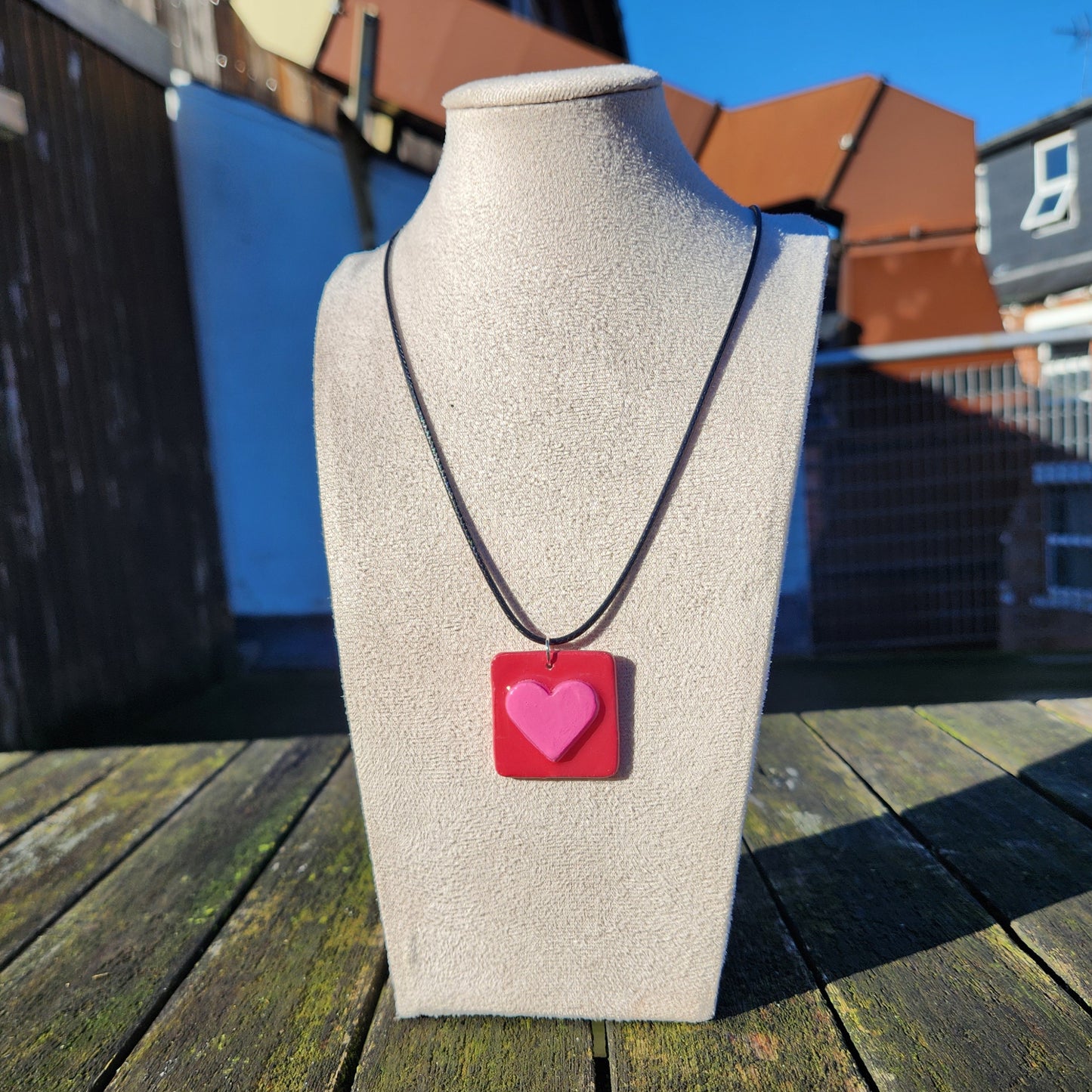 3D heart pink and red square clay pendant necklace & sticker sheet [KOSH & YOG x AJAIBGHAR]