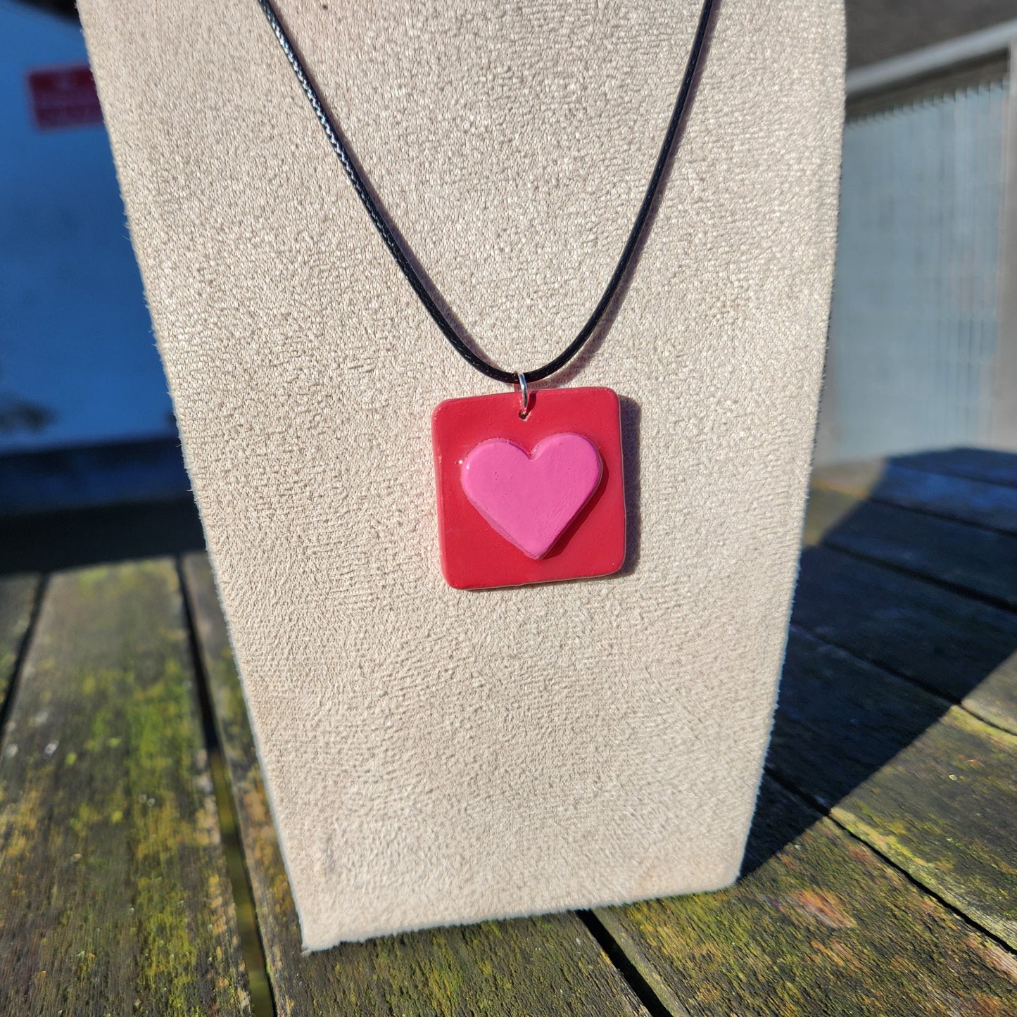 3D heart pink and red square clay pendant necklace & sticker sheet [KOSH & YOG x AJAIBGHAR]