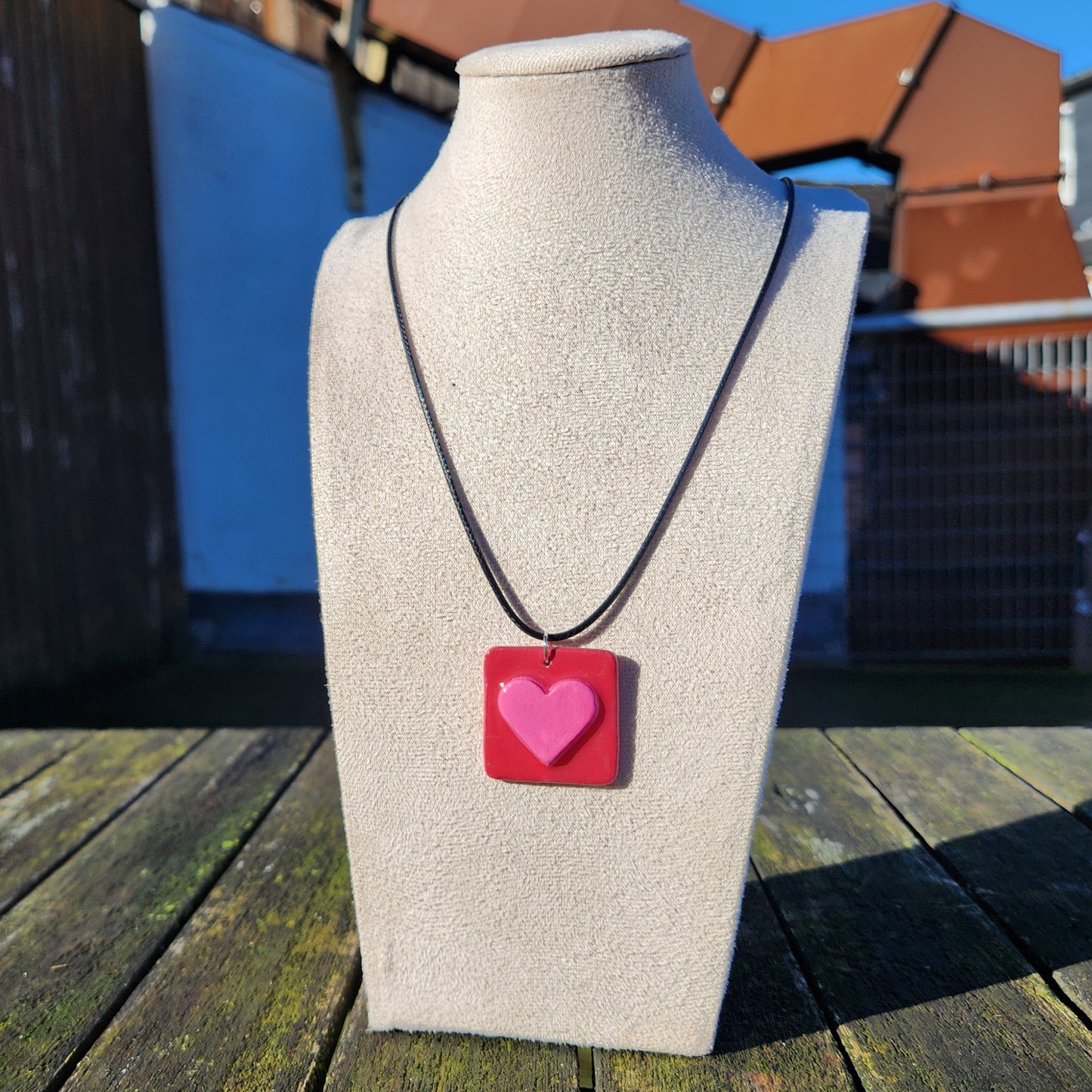 3D heart pink and red square clay pendant necklace & sticker sheet [KOSH & YOG x AJAIBGHAR]