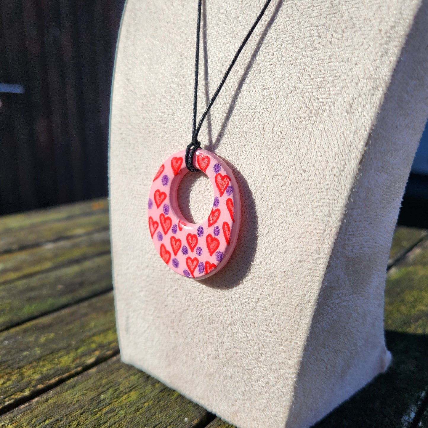 red hearts and purple dots clay pendant necklace & sticker sheet [KOSH & YOG x AJAIBGHAR]