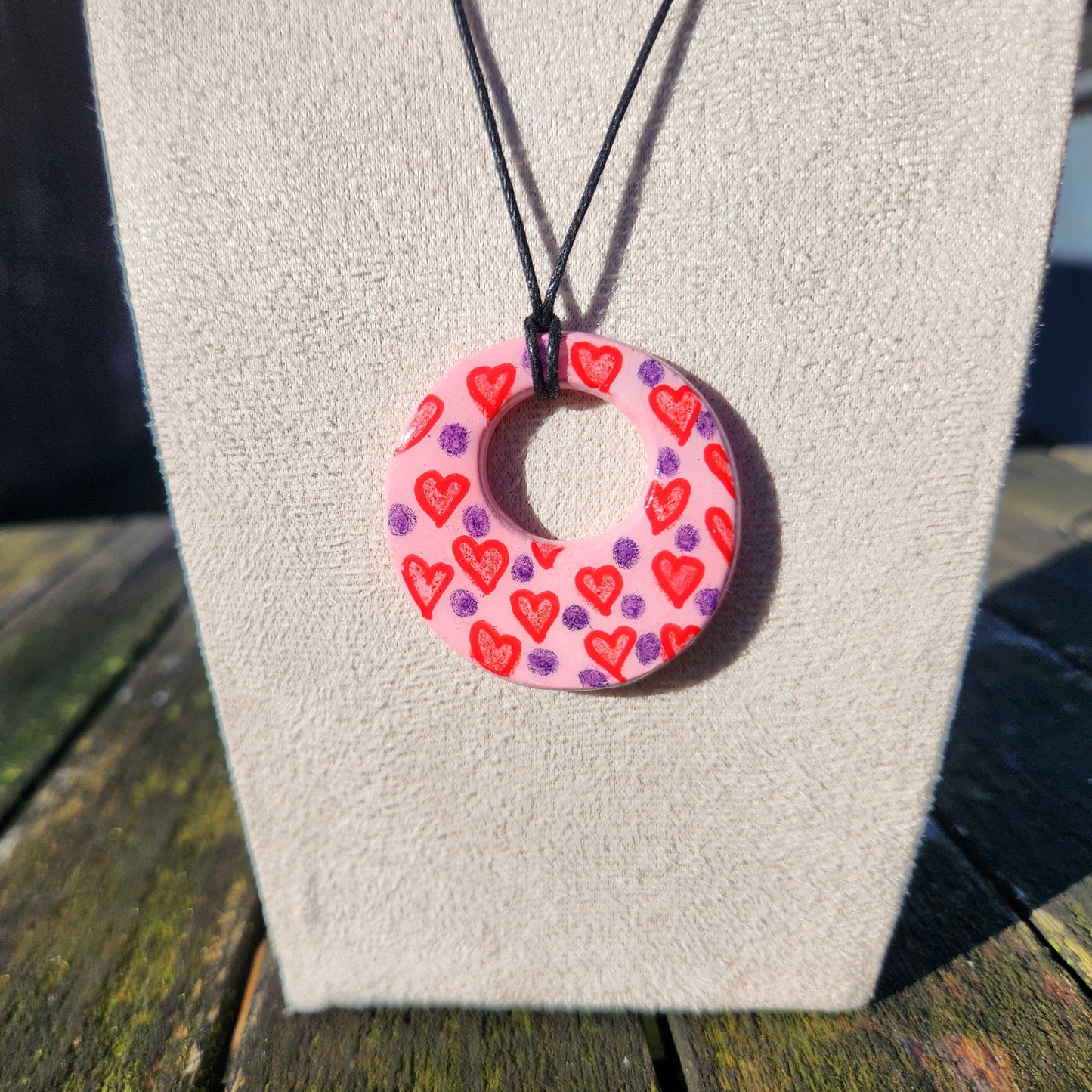 red hearts and purple dots clay pendant necklace & sticker sheet [KOSH & YOG x AJAIBGHAR]