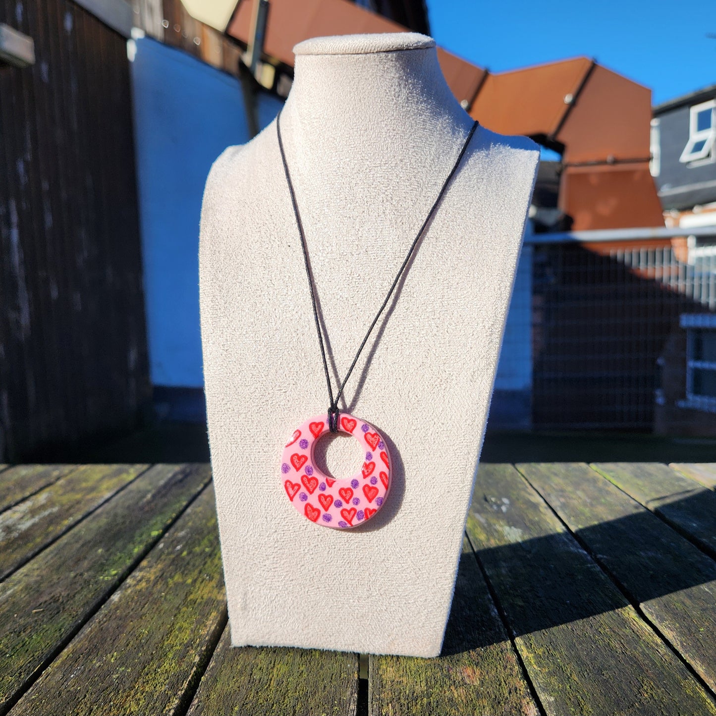 red hearts and purple dots clay pendant necklace & sticker sheet [KOSH & YOG x AJAIBGHAR]