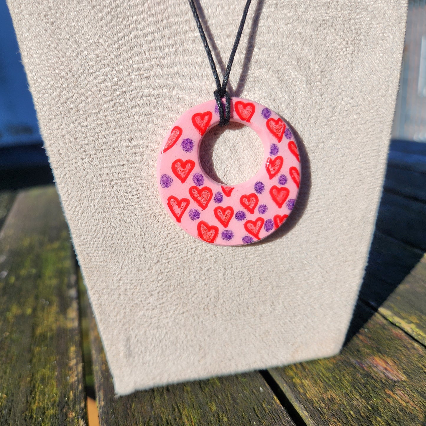 red hearts and purple dots clay pendant necklace & sticker sheet [KOSH & YOG x AJAIBGHAR]