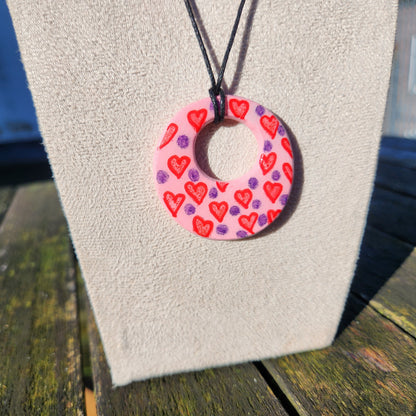 red hearts and purple dots clay pendant necklace & sticker sheet [KOSH & YOG x AJAIBGHAR]