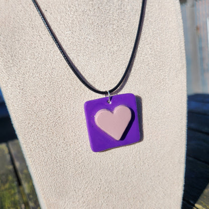 3D heart purple square clay pendant necklace & sticker sheet [KOSH & YOG x AJAIBGHAR]