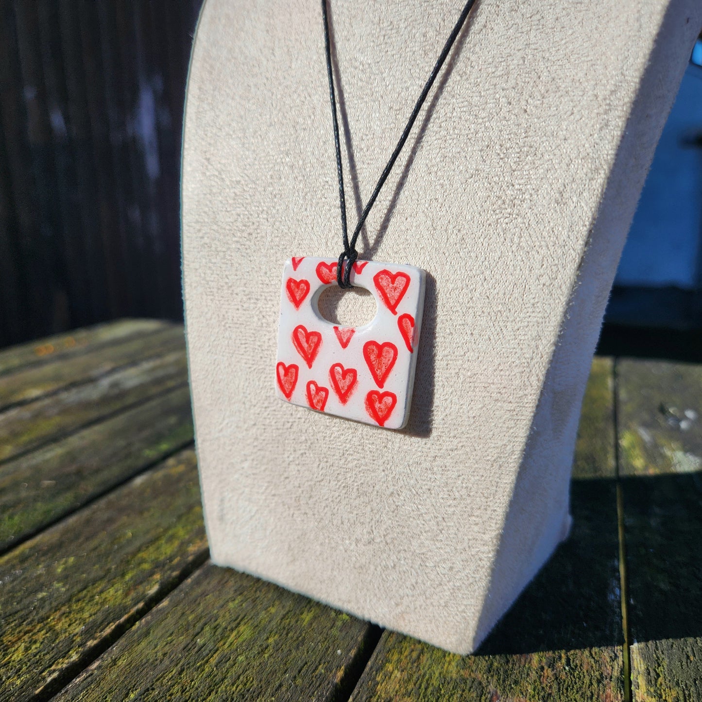 red hearts square clay pendant necklace & sticker sheet [KOSH & YOG x AJAIBGHAR]