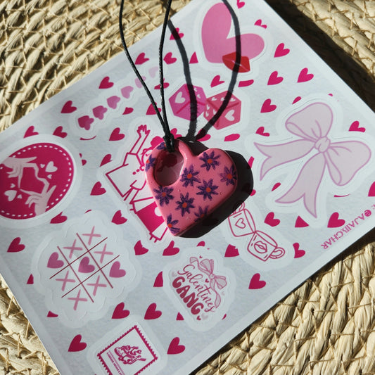floral pink heart clay pendant necklace & sticker sheet [KOSH & YOG x AJAIBGHAR]