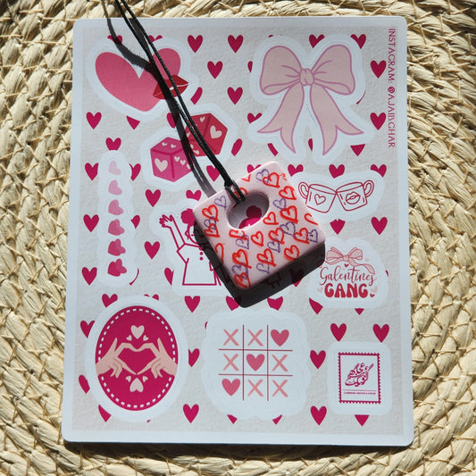 messy hearts square clay pendant necklace & sticker sheet [KOSH & YOG x AJAIBGHAR]